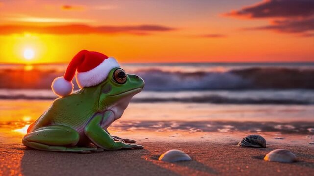 Christmas frog on beach at sunset wearing Santa hat during golden hour