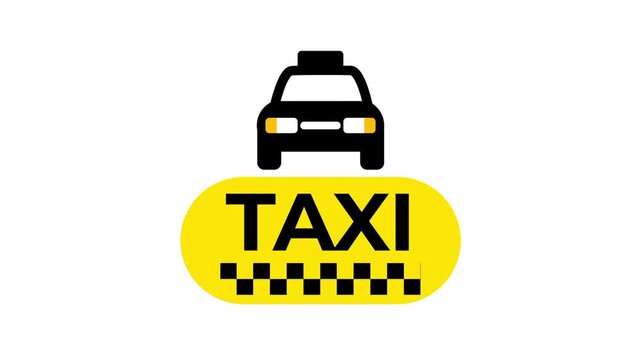 A car icon sits on top of a yellow rectangle containing the word TAXI and a checkered pattern at the bottom all on a white background for display