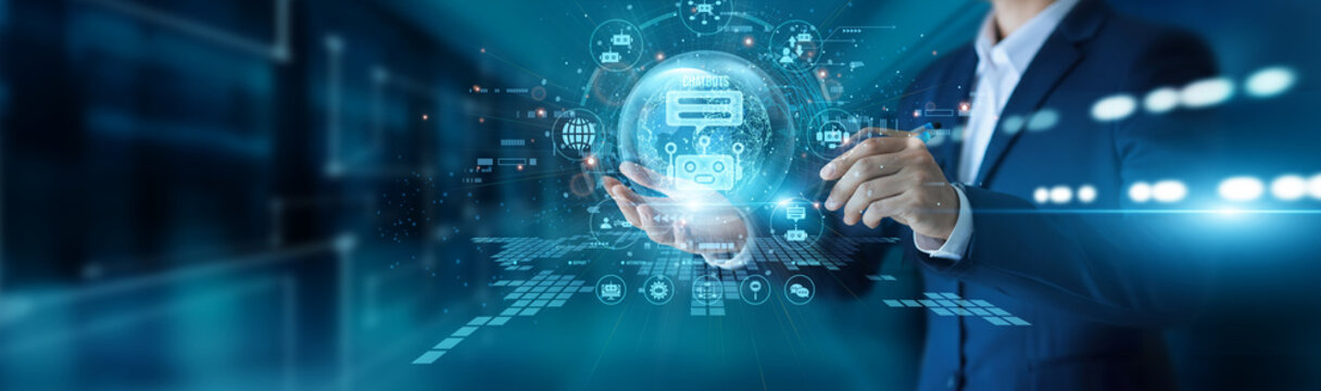 Support agent hand hold mobile global Chatbots touch virtual assistant AI service. Automated messaging systems provide instant customer care and streamline online support interactions.