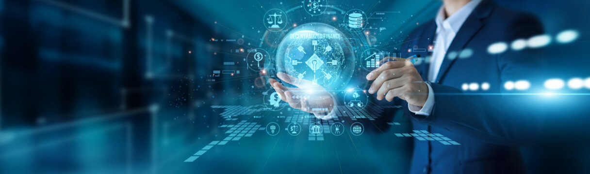 Crypto head hand hold coin global Decentralized Finance touch open economy. Peer to peer networks provide financial freedom and eliminate middleman costs for global users and investors.