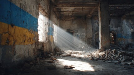 Fototapeta premium Abandoned Warehouse with Shattered Walls and Sunlight Streaming In