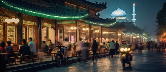 Obraz premium Experience the vibrant fusion of traditional architecture and urban life in this glowing night market scene.