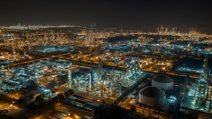 Fototapeta premium Petrochemical refinery operating at night with glowing industrial lights
