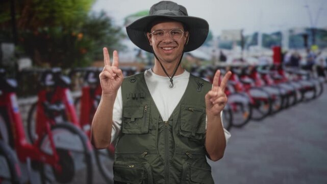 Man wearing hat flashes peace sign with both hands beside a row of rental bikes on street; adventure joy.