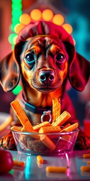 The charming dachshund protagonist of a fun food fantasy, rendered in brilliant color ,  art,  detail