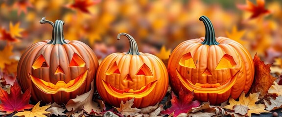 Three carved pumpkins, various sizes, autumn leaves, orange, october decor