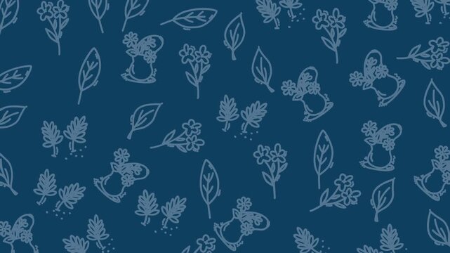 Blue background with delicate, hand-drawn floral patterns. Tiny birds perch among leaves and blossoms. Soft, serene design evokes calm nature scenes. Perfect for greeting cards, apparel