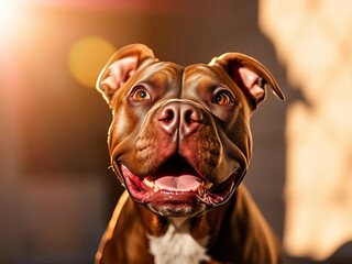 Vivid, muscular pitbull portrait, eyes alive with joy, bathed in sun-drenched golden hour glow, happy, expressive