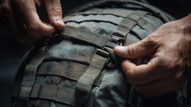 Close-Up of Hands Tightening Straps on Tactical Backpack
