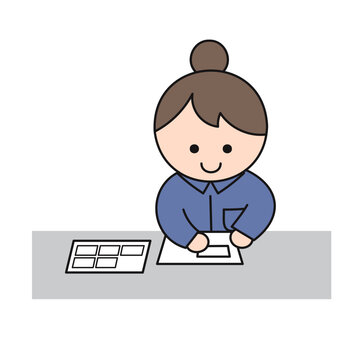 Webシール貼りの作業をするかわいい女性｜丸みのあるキャラクター風のイラスト