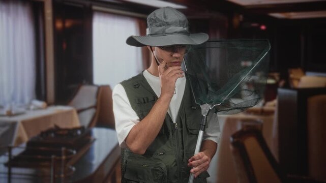 Man fisherman holding landing net with hand to chin in a building dining room wearing hat and vest; quiet contemplation.
