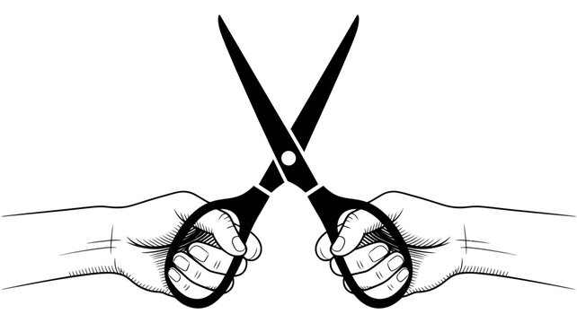 Two hands face each other, each holding a pair of open scissors, creating an X shape in a detailed illustration.