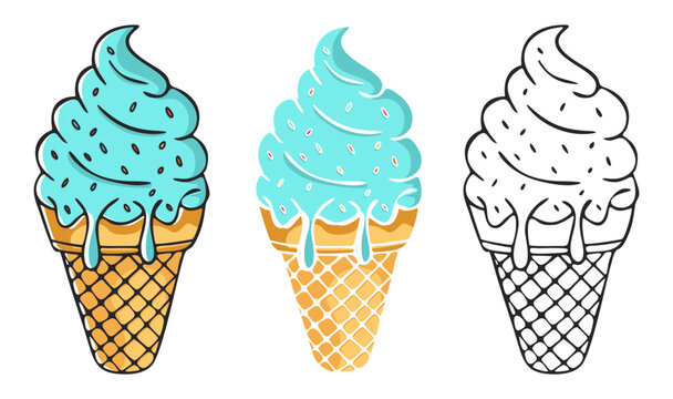 Hand drawn ice cream cone illustration with melting scoop and sprinkles in colorful, flat and outline styles, cute dessert design isolated on background