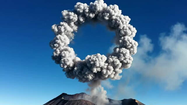 Volcanic eruption spewing thick ash cloud in ring formation against a clear blue sky, conveying raw power and natural forces