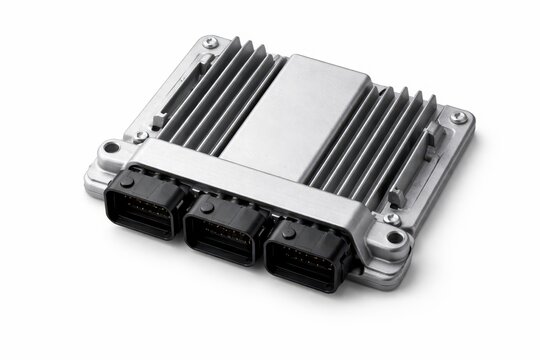 automotive ecu control module exposed cooling fins sealed connector ports car firmware update isolated white background