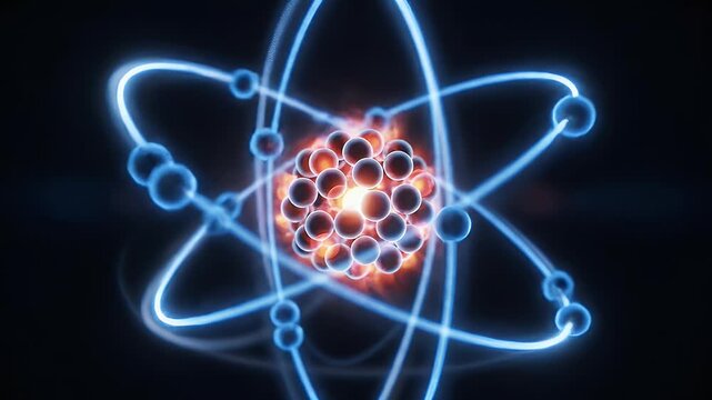 Glowing atomic structure with orbiting electrons on dark background