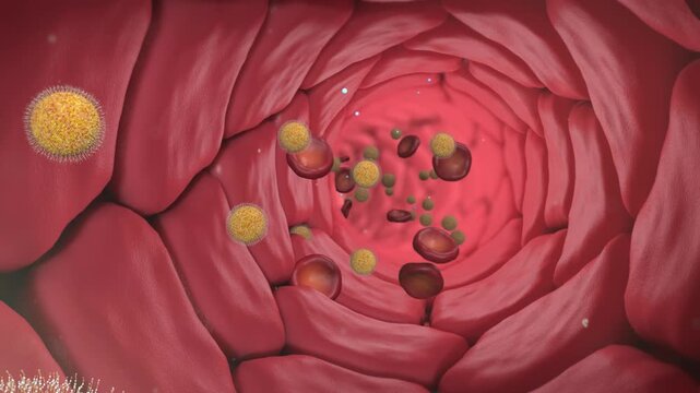 Drug molecules are transported throughout the body along with blood flow, enter tumor cells through blood vessel pores, Immune response and tumor antigens, CAR-T 3D medical animation. 