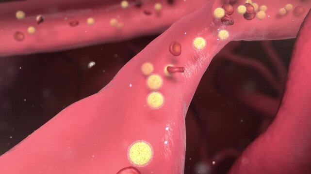 Drug molecules are transported throughout the body along with blood flow, red blood cells erythrocytes blood vessels or veins or artery, Immune response and tumor antigens, 3D medical animation. 