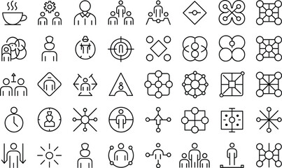 Fototapeta premium Abstract business and technology icon set line style collection of network communication teamwork and data symbols isolated vector illustration for digital interface design