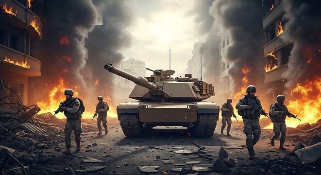Soldiers in combat gear advance cautiously with a tank in a war torn city street amid intense fire and smoke