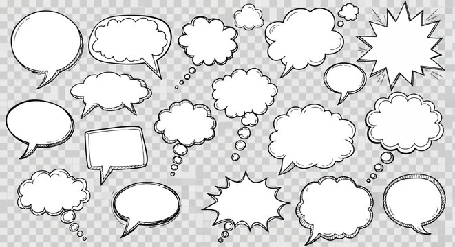 Collection of hand-drawn speech bubbles on a transparent background, design elements