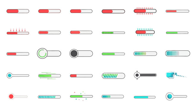 Collection of loading indicators, progress bars, and interface elements, flat design style