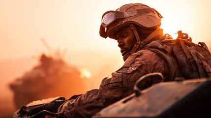 Fototapeta premium Soldier in Combat Gear with Helmet at Dusk in Warzone Scene