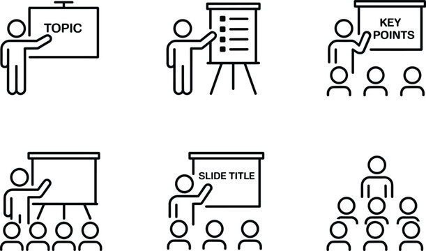Business presentation icon set with outline style people giving lecture meeting training seminar vector collection isolated on white background