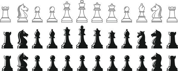 Chess pieces full set, black and white outlines and silhouettes, king queen bishop knight rook pawn, strategy board game illustration © MDRAKIB