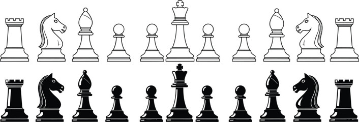 Chess pieces line and silhouette set, black and white board game elements, king queen rook bishop knight pawn illustration © MDRAKIB
