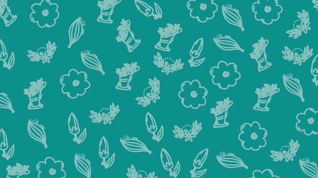 Teal background with whimsical plant doodles. Hand-drawn flowers, leaves, and stems in soft outlines. Ideal for nursery or botanical themes. Playful. Perfect for greeting cards, wallpaper, or print