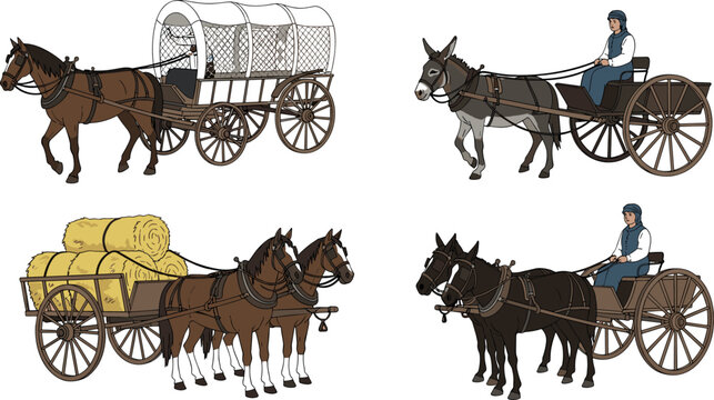 Horse and Donkey-Drawn Wagon Set with Different Loads and Carriages for Rural Transport, Farm, and Country Life Illustrations