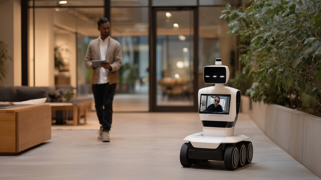 Wheeled telepresence robot displaying remote worker video feed in corporate hallway while local employee walks alongside holding tablet for virtual collaboration, ideal for hybrid workplace and mode