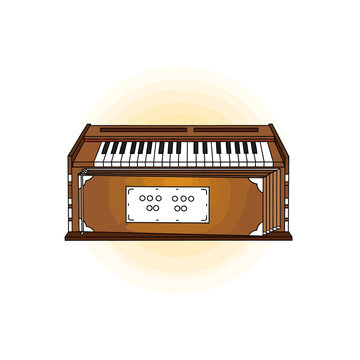 Digital illustration of a traditional Indian harmonium with a warm glow on a white background