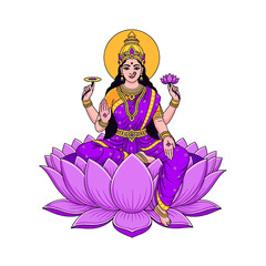 Fototapeta premium Illustration of Hindu goddess Lakshmi sitting on a lotus flower with offerings, wearing traditional purple and gold attire against a white background.
