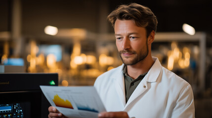 Obraz premium Process of mRNA quality control technician examining chromatography printout showing purity peaks while vaccine doses move along automated filling line behind sterile glass partition, ideal for phar