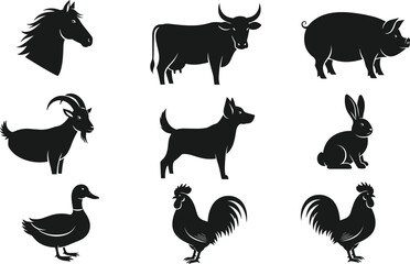 Fototapeta premium Black silhouette vector illustrations of farm animals including horse, cow, pig, goat, dog, rabbit, duck, rooster