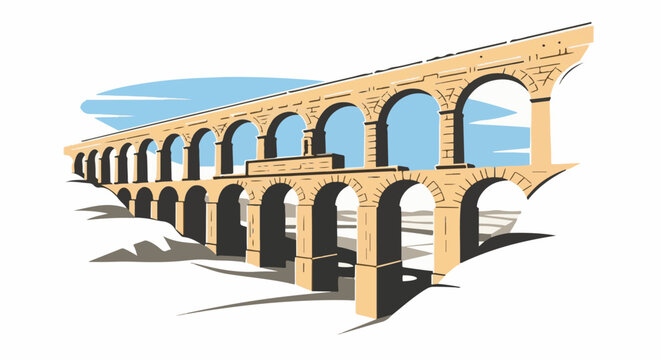Stylized ancient aqueduct with multiple tiers of arches against a sky