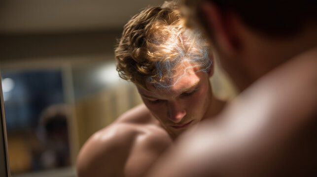 Gymnasium locker room mirror reflection of athlete's head with overlay showing fresh neuron growth in memory centers after six months intensive training protocol, perfect for sports neuroscience, co