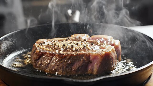 Close-up of a thick, seasoned steak sizzling in a cast-iron pan, steam rising