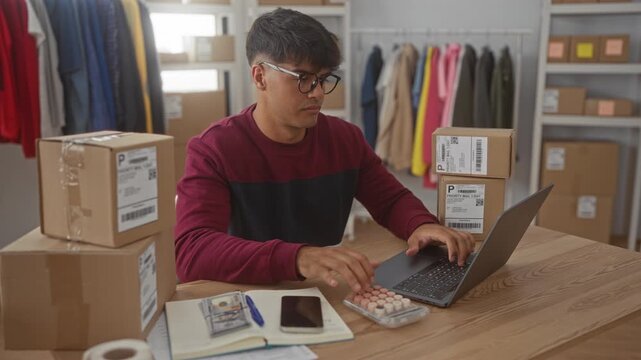 Man counts cash and types on laptop while packing shipping boxes at a tabletop studio workspace; focused small business growth.