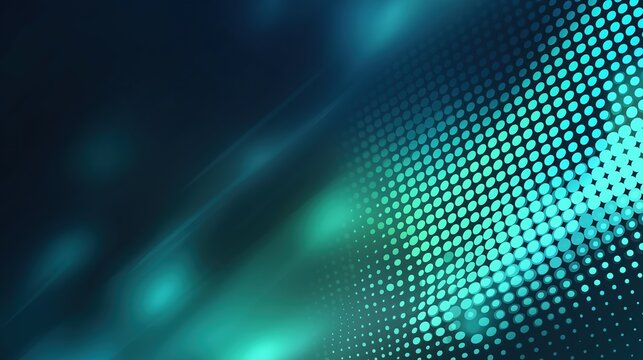 Modern abstract technological illustration featuring bokeh lights and halftone dots in blue-green shades. Flat vector design with cinematic lighting and sharp focus for digital banners or seamless pat