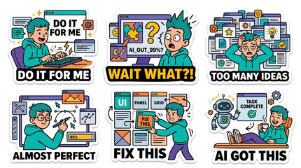 Obraz premium Generative AI user life cartoon sticker set flat vector featuring prompt engineering process wait what error too many ideas almost perfect fix this and task complete with robot assistant concept
