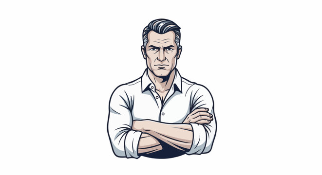 Stern-faced man in a white shirt with arms crossed