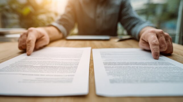 Person Comparing Two Documents Side by Side on Wooden Desk