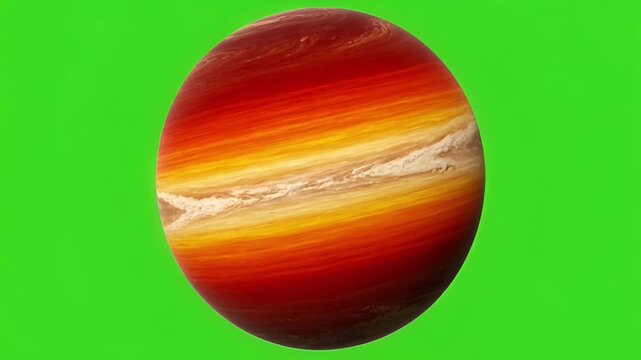 A vibrant, striped, gaseous planet with swirling clouds of red, orange, and yellow, set against a stark green background