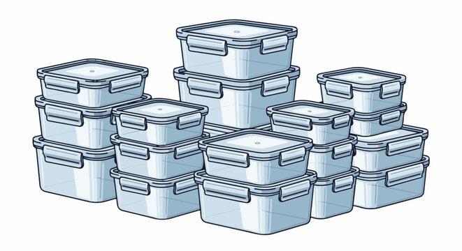 Stacked clear plastic food storage containers with latched lids