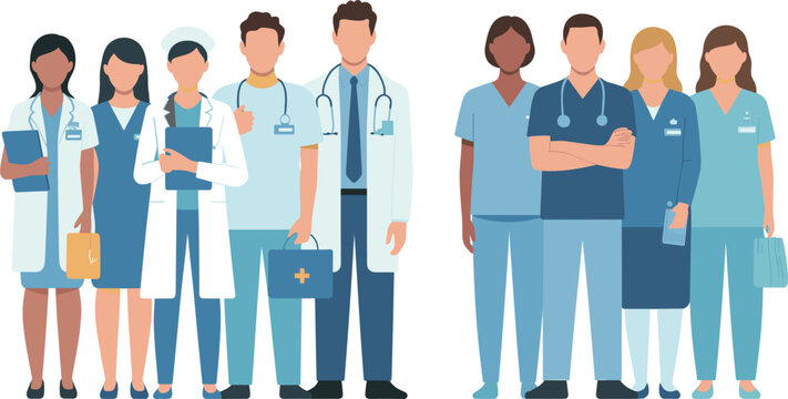 Healthcare professionals team vector illustration with doctors nurses and medical staff in uniform flat design diverse hospital workers group isolated on white background