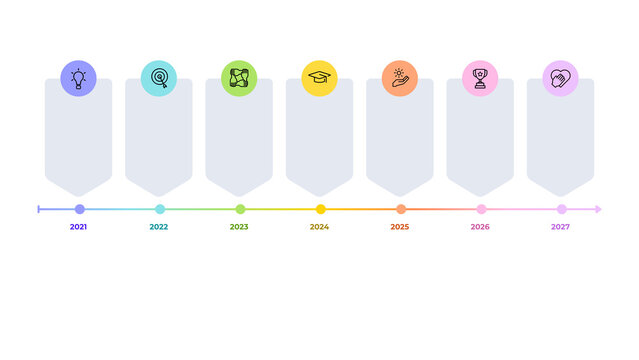 Modern business tmeline infographic template with 7 steps and multi colour icons