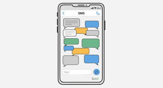Smartphone displaying SMS conversation with colorful chat bubbles and input field